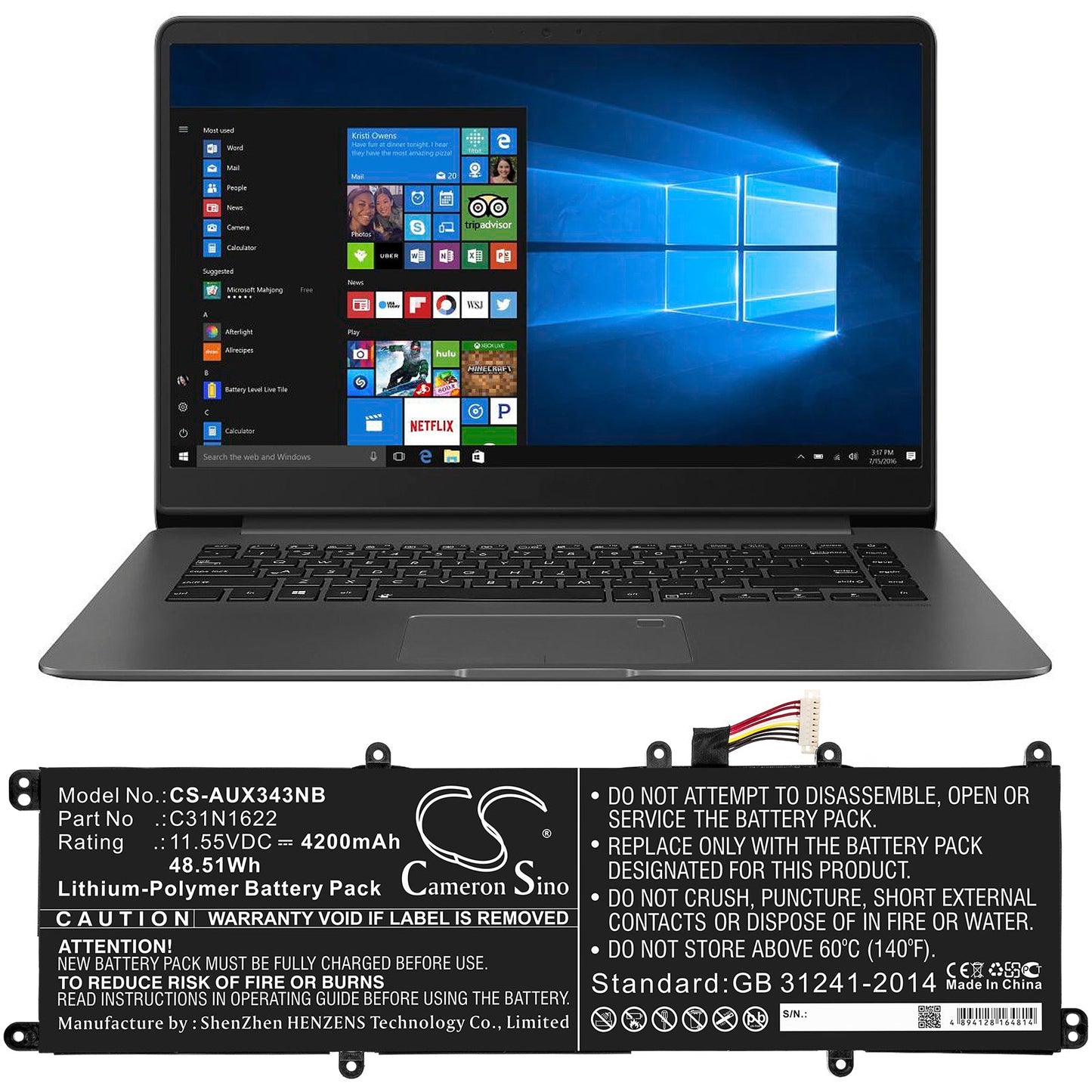 Replacement Battery for Asus UX530 – Notebook, Laptop – 4200mAh / 48.51Wh / 11.55V