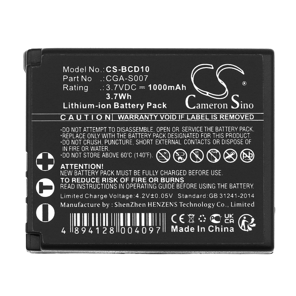 Replacement Battery for Panasonic Lumix DMC-TZ1EG-S – Camera – 1000mAh / 3.7V