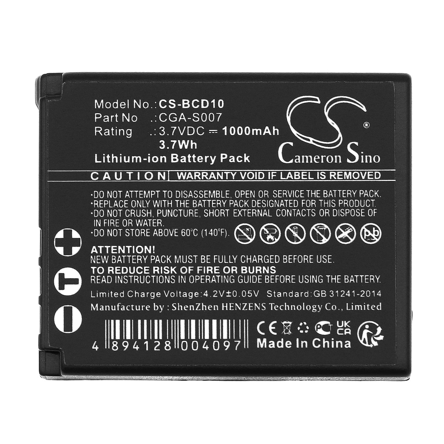 Replacement Battery for Panasonic Lumix DMC-TZ1 – Camera – 1000mAh / 3.7V
