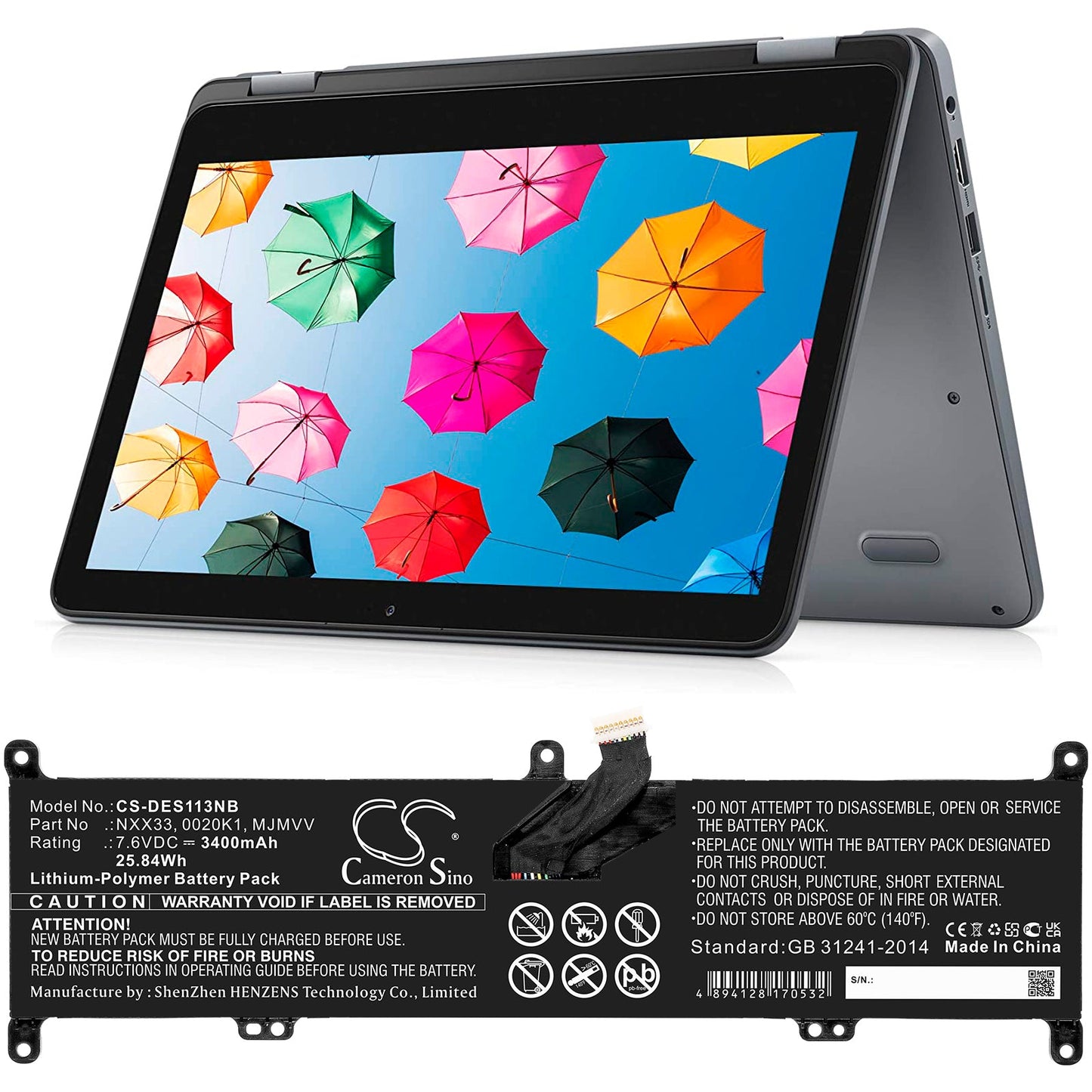 Replacement Battery for DELL Inspiron 11 3195 2-in-1 – Notebook, Laptop – 3400mAh / 25.84Wh / 7.6V