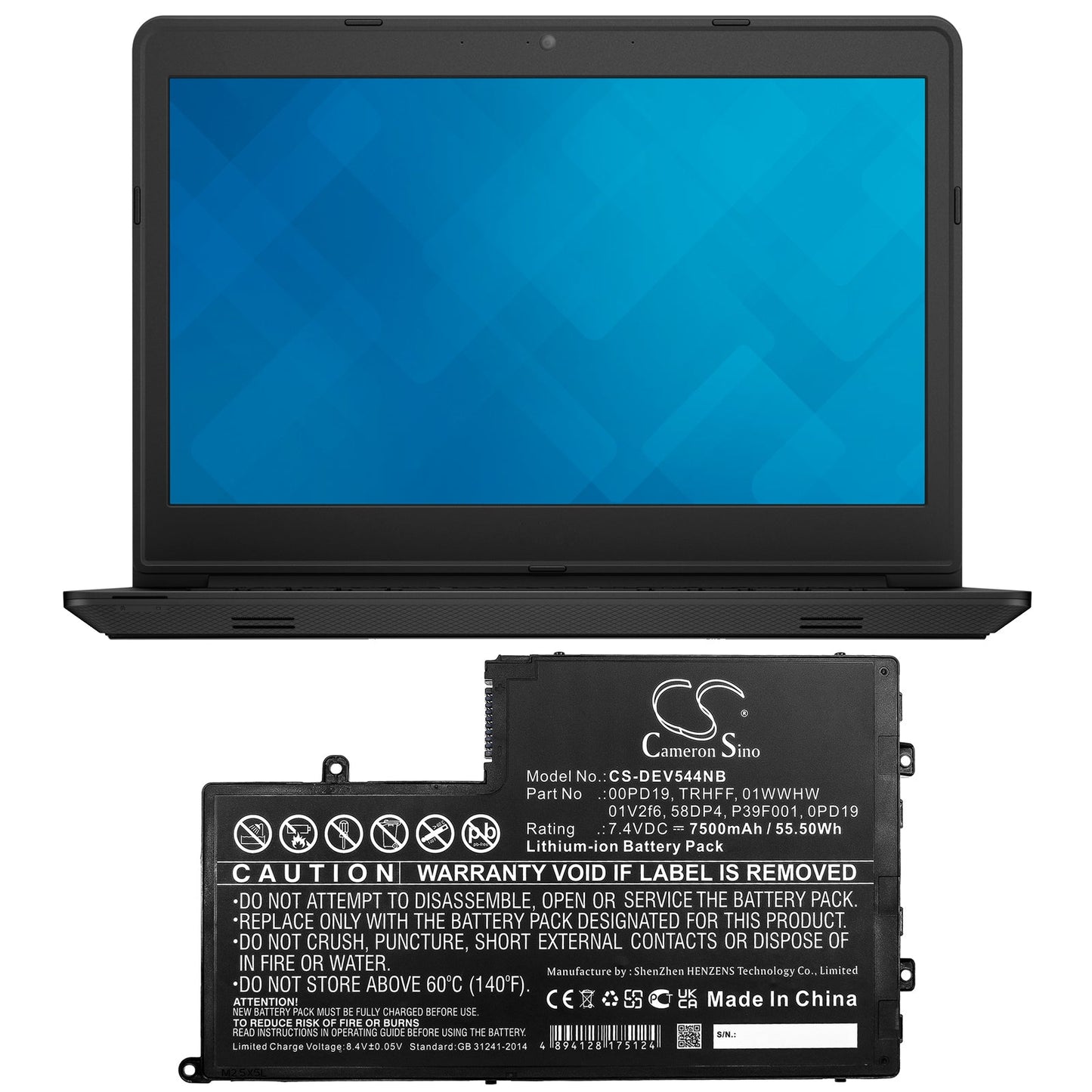 Replacement Battery for DELL Dl011307-prr13g01 – Notebook, Laptop – 7500mAh / 55.50Wh / 7.4V