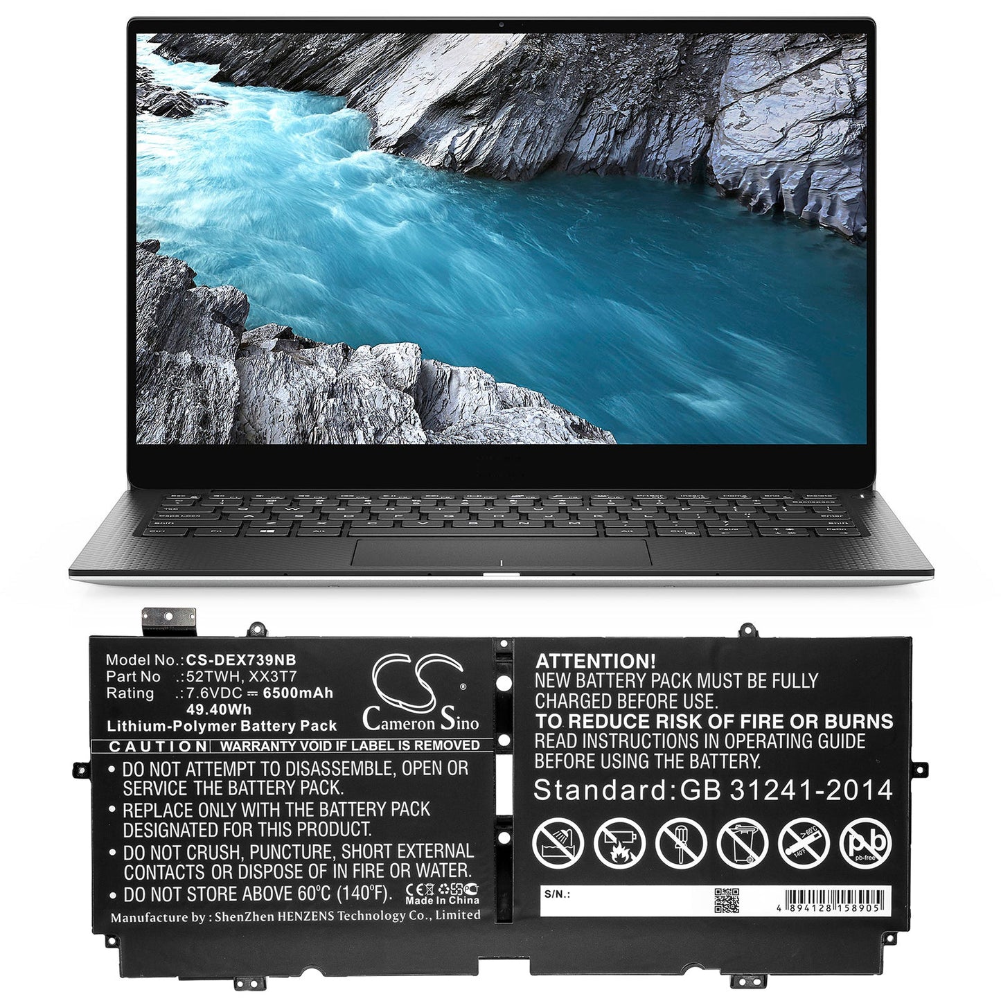 Replacement Battery for DELL XPS 13 7390 – Notebook, Laptop – 6500mAh / 49.40Wh / 7.6V