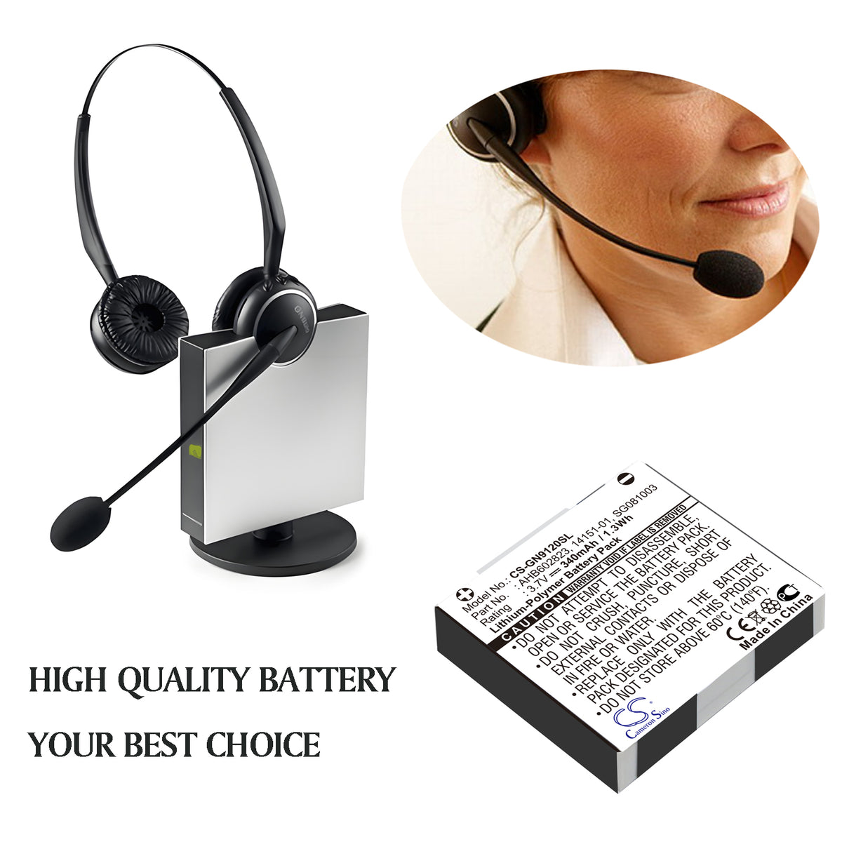 Replacement Battery for GN Netcom 9120 – Wireless Headset – 340mAh / 3.7V