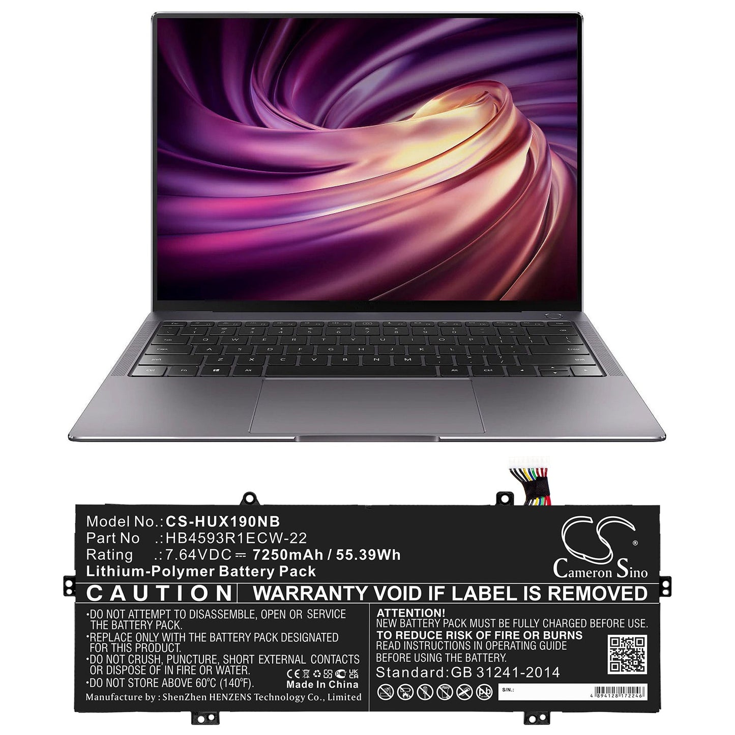 Replacement Battery for Huawei MACH-W19L – Notebook, Laptop – 7250mAh / 55.39Wh / 7.64V