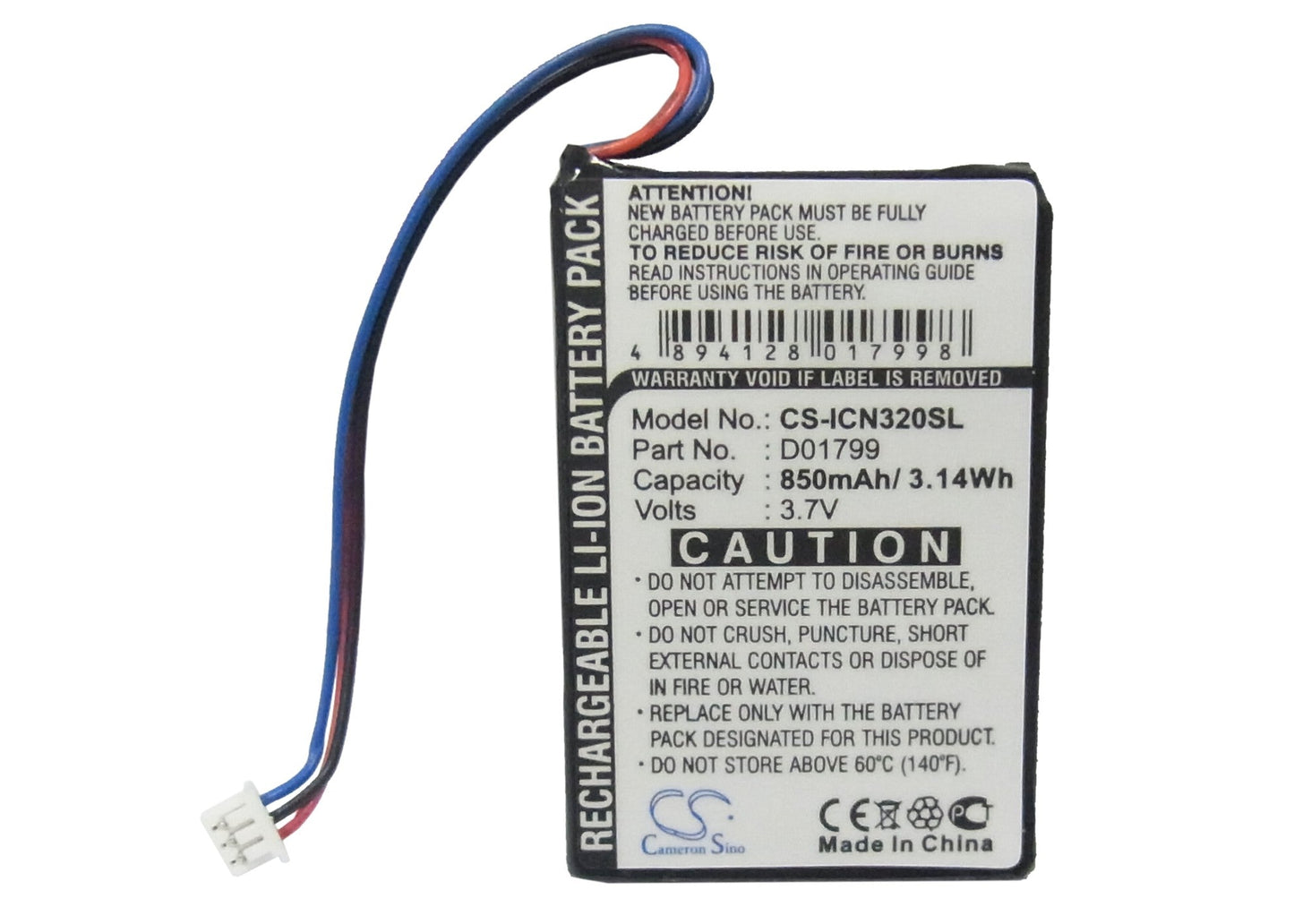 Replacement Battery for Navman iCN320 – GPS, Navigator – 850mAh/3.15Wh / 3.7V