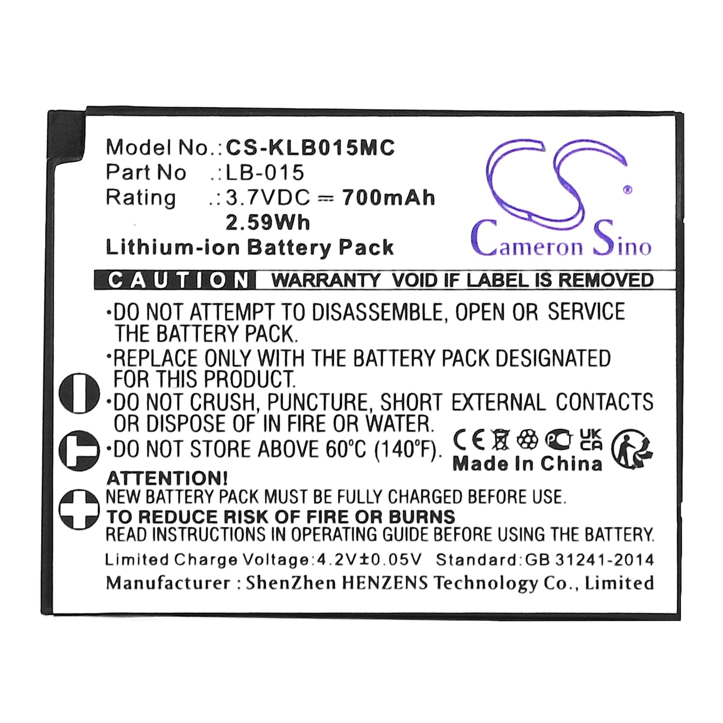 Replacement Battery for KODAK WPZ2 – Camera – 700mAh / 2.59Wh / 3.7V