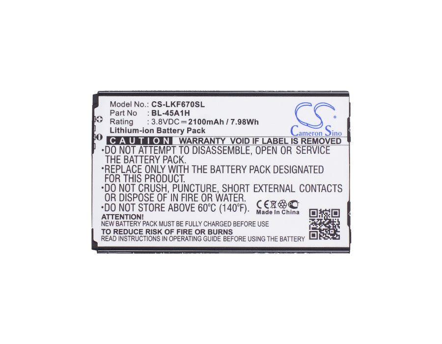 Replacement Battery for LG F670 – Mobile, SmartPhone – 2100mAh / 7.98Wh / 3.8V