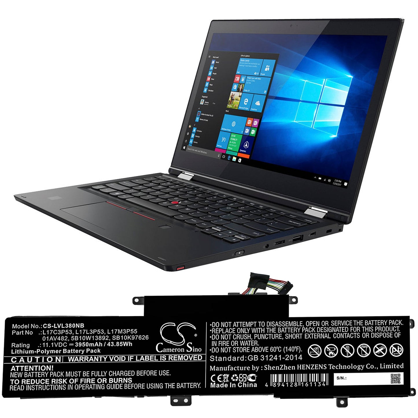 Replacement Battery for Lenovo hinkpad l380 yoga 20m9 – Notebook, Laptop – 3950mAh / 43.85Wh / 11.1V