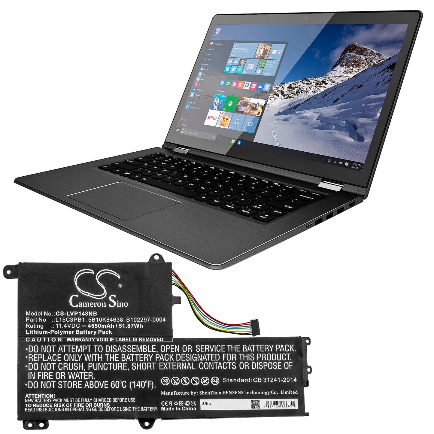 Replacement Battery for Lenovo Flex 4-1470 – Notebook, Laptop – 4550mAh / 51.87Wh / 11.4V