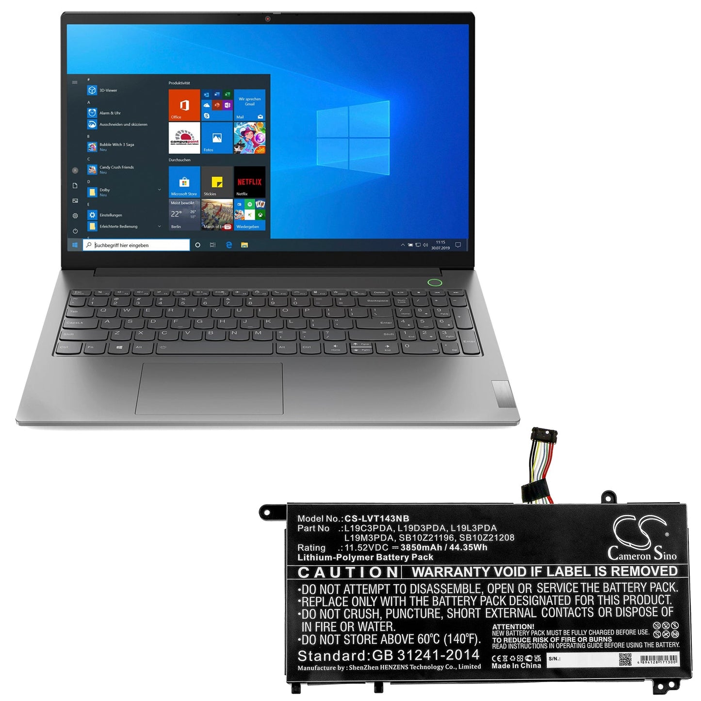 Replacement Battery for Lenovo FRU TP1415 LG – Notebook, Laptop – 3850mAh / 44.35Wh / 11.52V