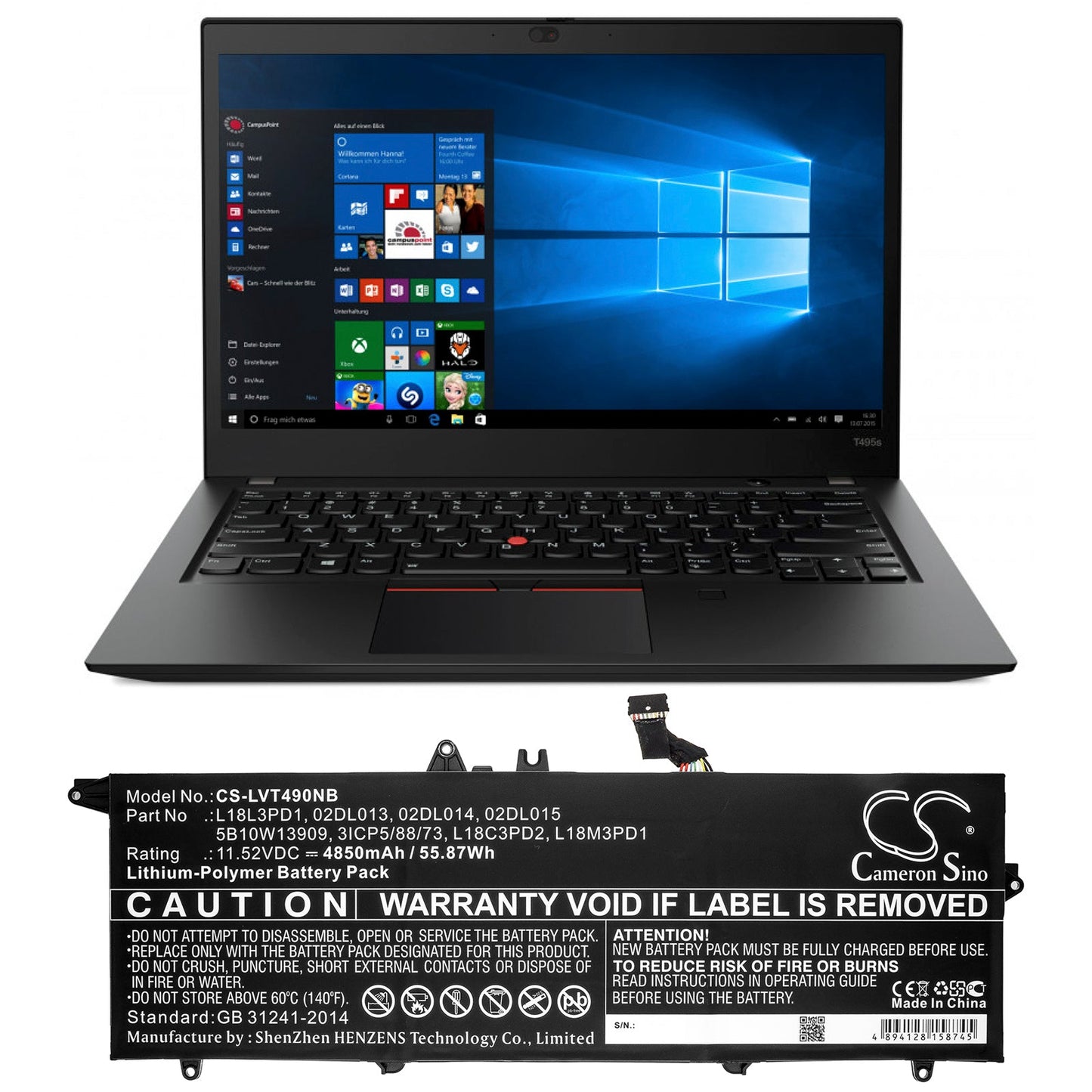 Replacement Battery for Lenovo T490s 20NX001FCD – Notebook, Laptop – 4850mAh / 55.87Wh / 11.52V
