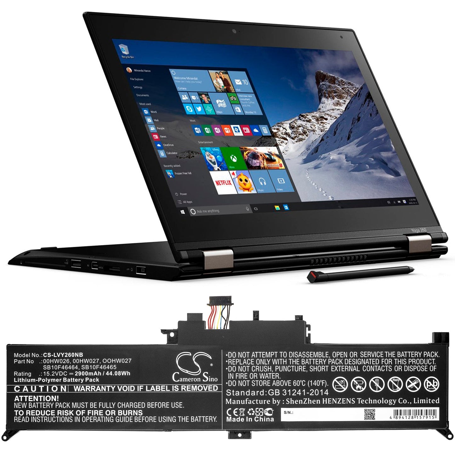 Replacement Battery for Lenovo ThinkPad Yoga 260 – Notebook, Laptop – 2900mAh / 44.08Wh / 15.2V