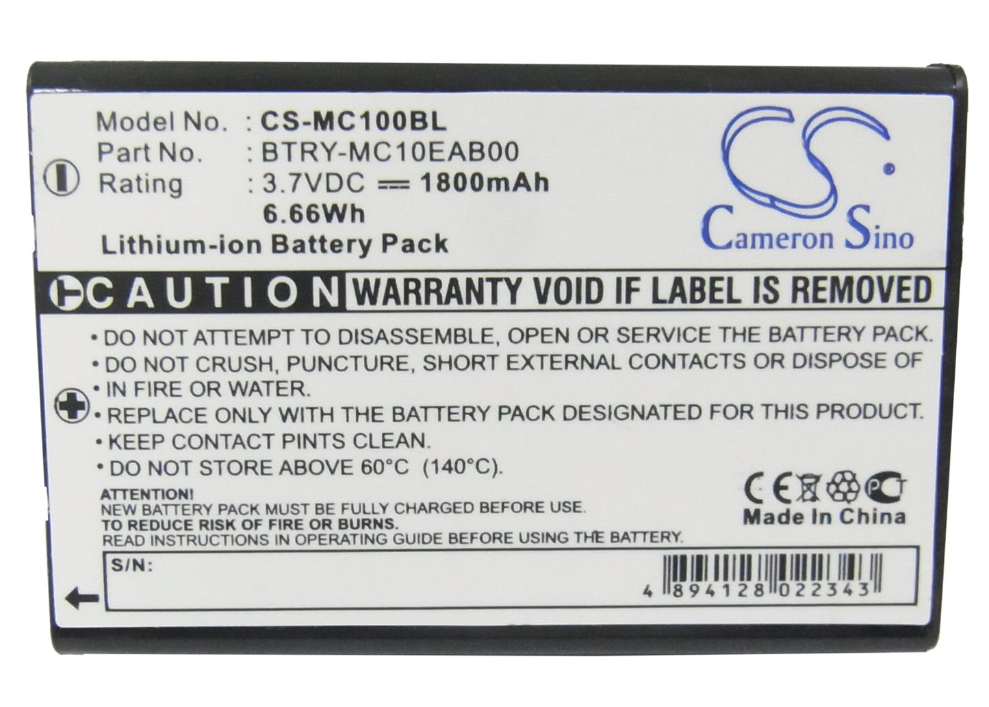 Replacement Battery for Intermec CK1 – Barcode Scanner – 1800mAh / 6.66Wh / 3.7V