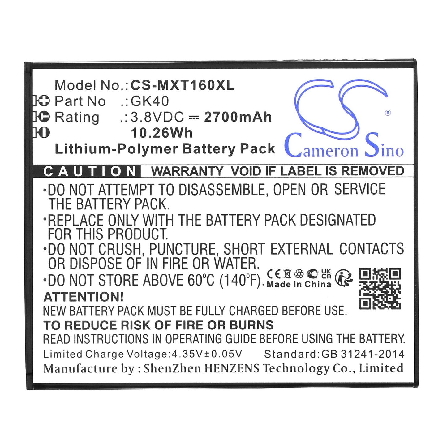 Replacement Battery for Motorola Cedric – Mobile, SmartPhone – 2700mAh / 10.26Wh / 3.8V