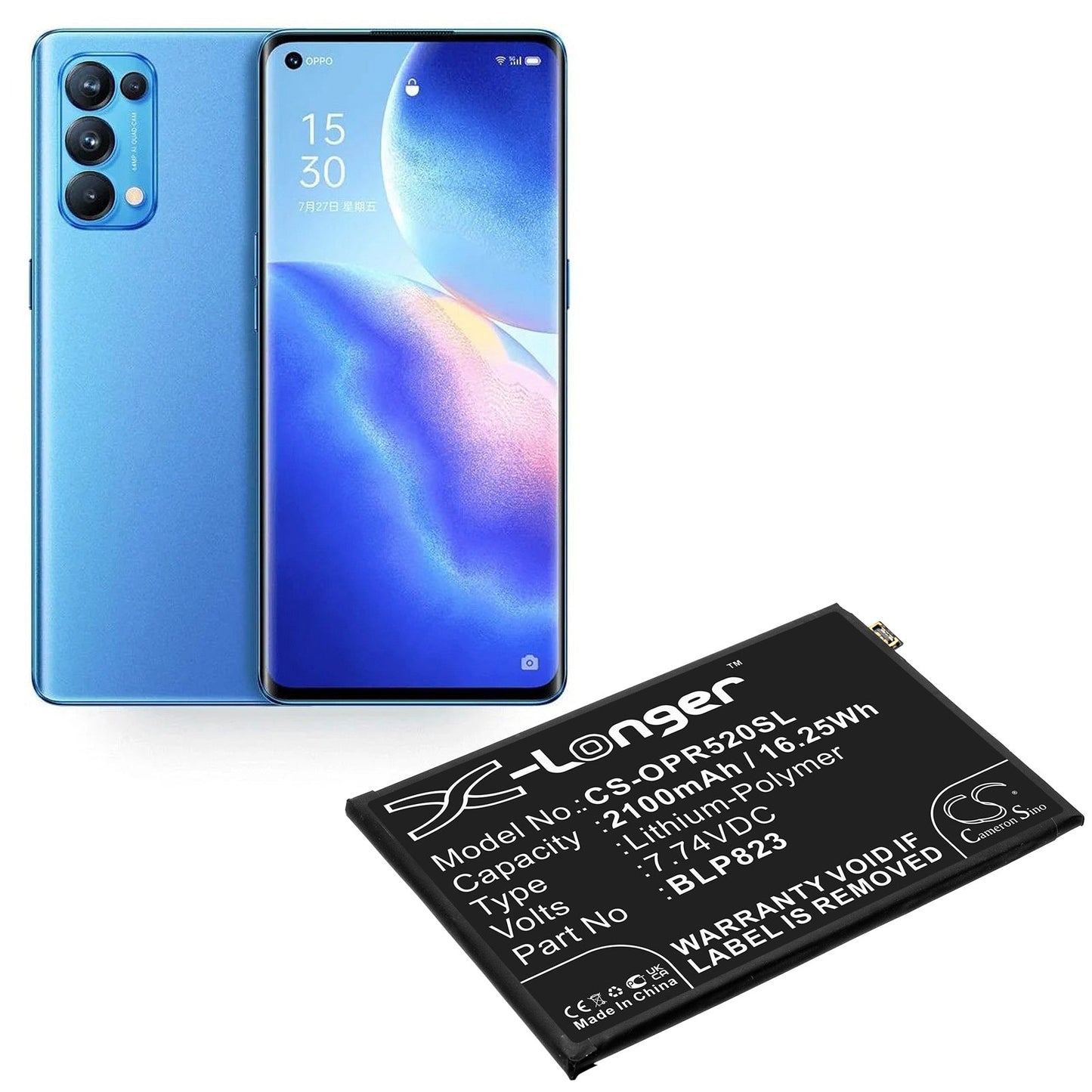 Replacement Battery for OPPO CPH2201 – Mobile, SmartPhone – 2100mAh / 16.25Wh / 7.74V