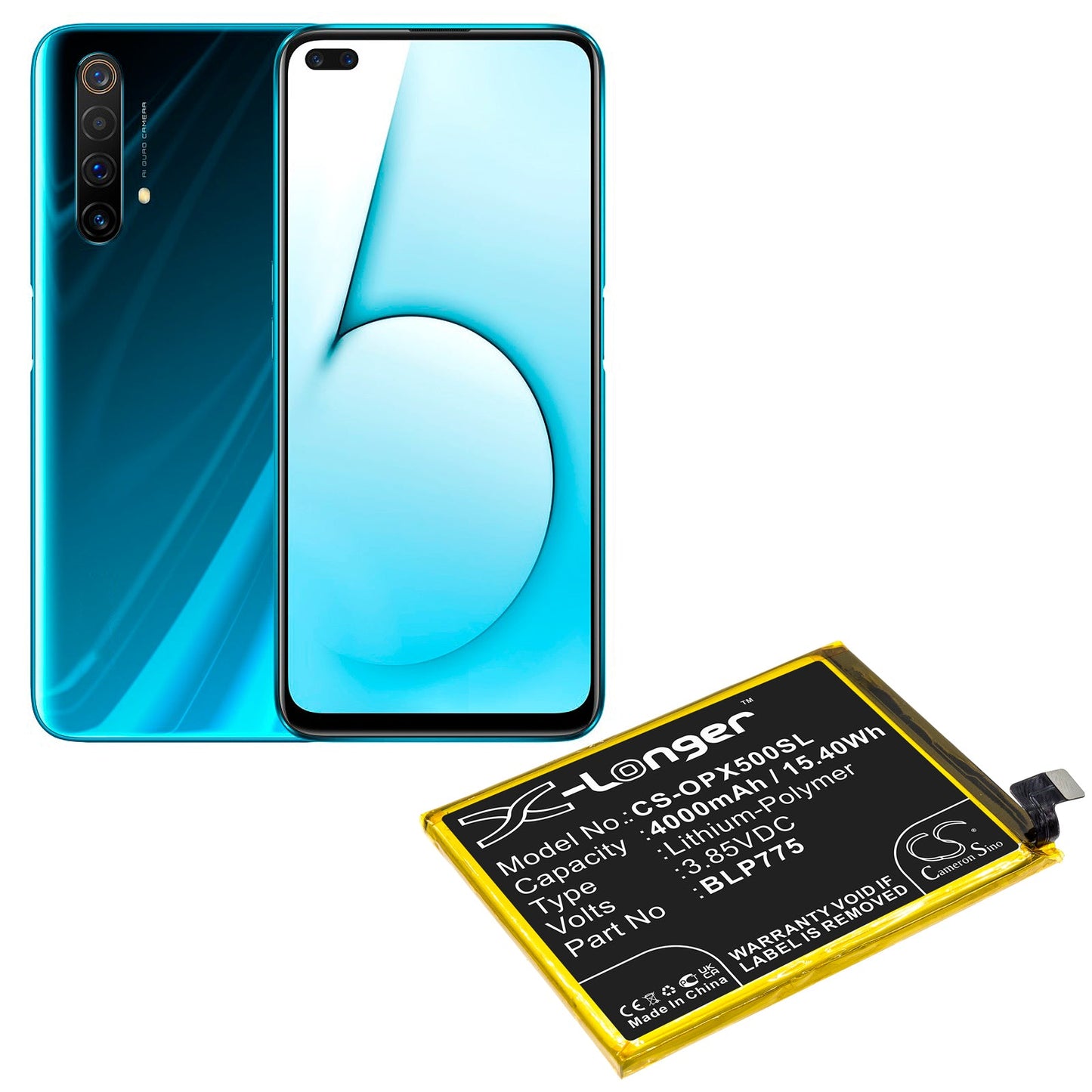 Replacement Battery for OPPO Realme X50 5G – Mobile, SmartPhone – 4000mAh / 15.40Wh / 3.85V
