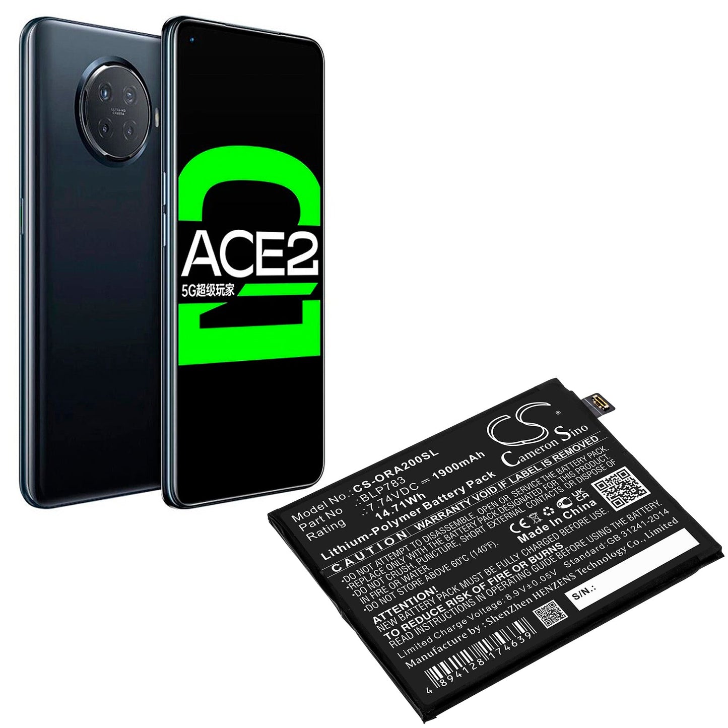 Replacement Battery for OPPO Ace2 2020 – Mobile, SmartPhone – 1900mAh / 14.71Wh / 7.74V