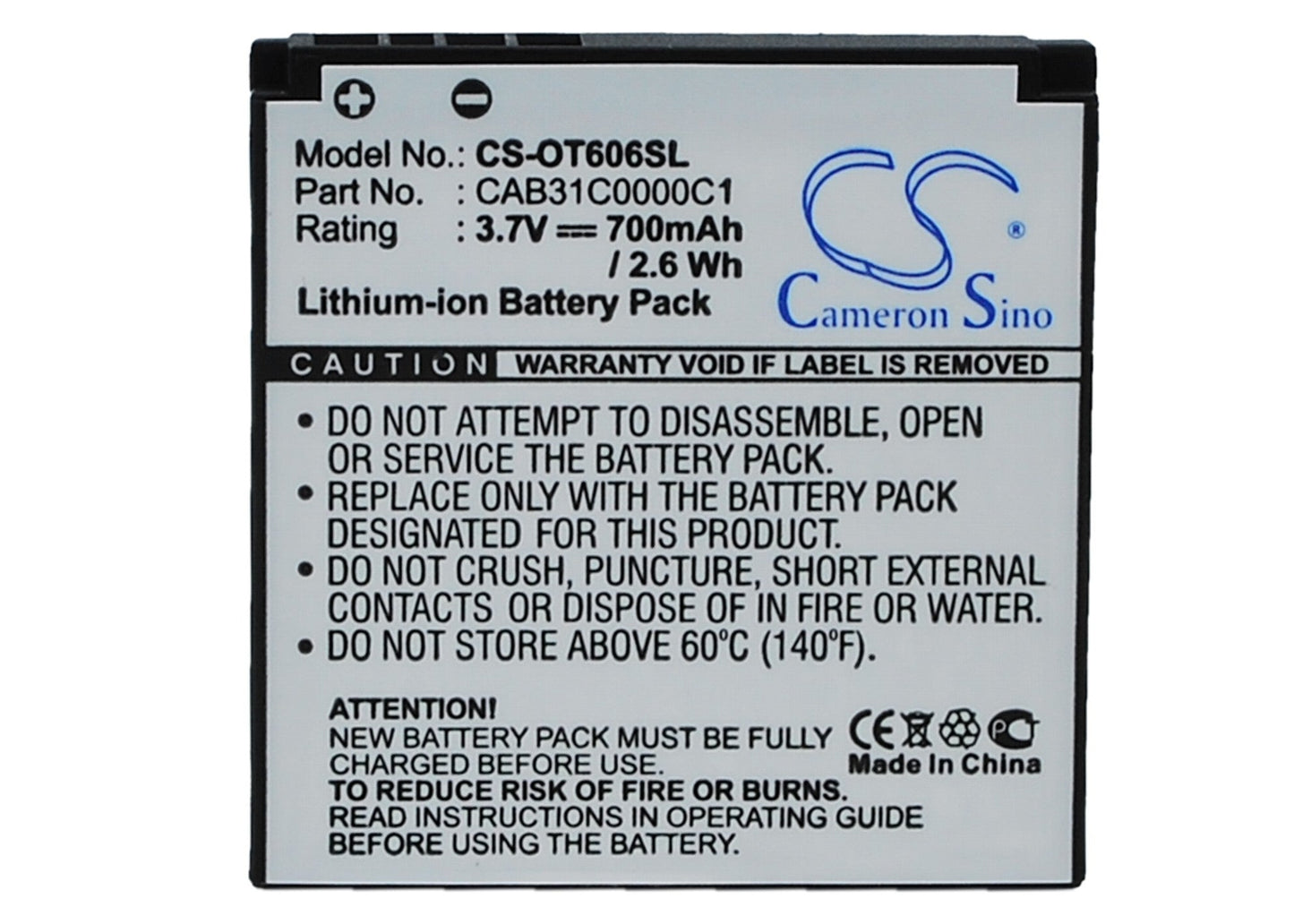 Replacement Battery for Alcatel OT-606 – Mobile, SmartPhone – 700mAh / 3.7V