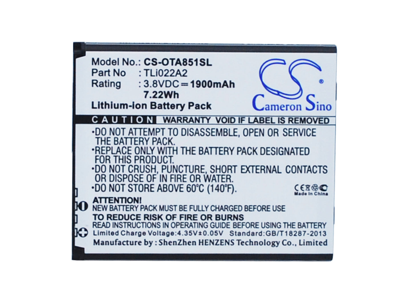 Replacement Battery for Alcatel One Touch Sonic – Mobile, SmartPhone – 1900mAh / 7.22Wh / 3.8V