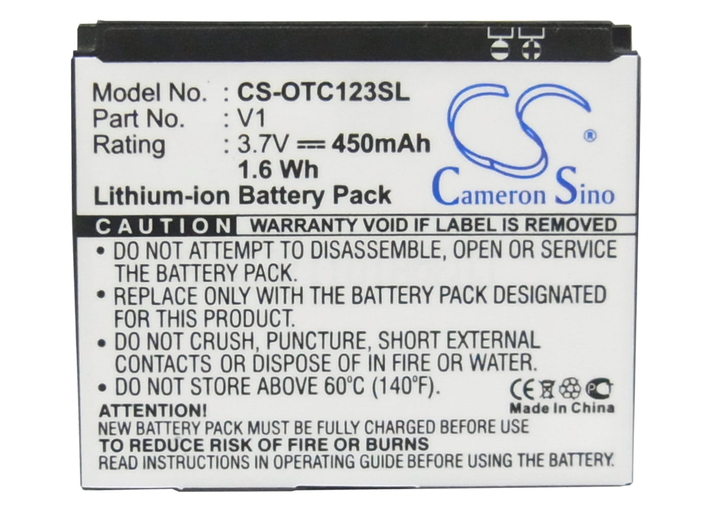 Replacement Battery for Alcatel OT-C123 – Mobile, SmartPhone – 450mAh/1.66Wh / 3.7V