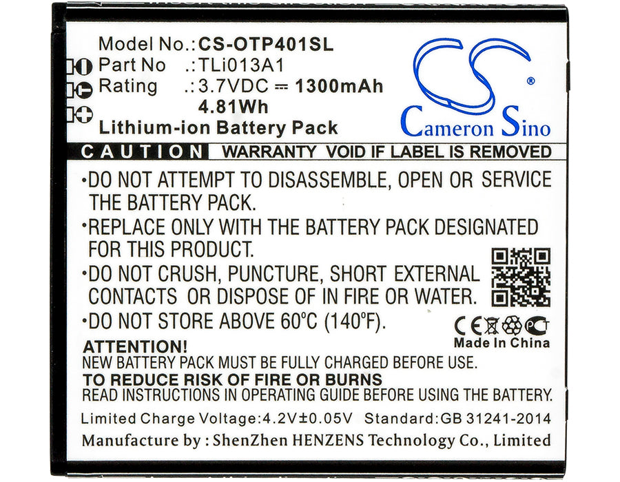 Replacement Battery for Alcatel One Touch Pixi 4 3.5 – Mobile, SmartPhone – 1300mAh / 4.81Wh / 3.7V