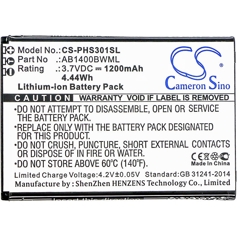 Replacement Battery for Philips S301 – Mobile, SmartPhone – 1200mAh / 4.44Wh / 3.7V