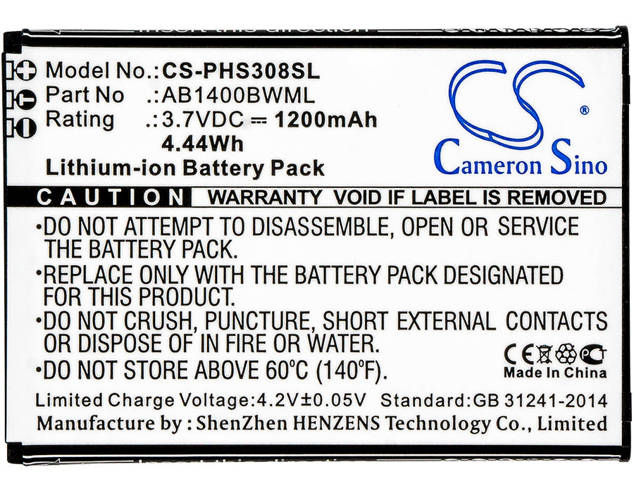 Replacement Battery for Philips CTS308 – Mobile, SmartPhone – 1200mAh / 4.44Wh / 3.7V