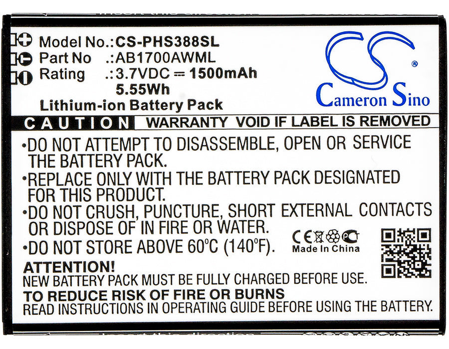 Replacement Battery for Philips CTS388 – Mobile, SmartPhone – 1500mAh / 5.55Wh / 3.7V
