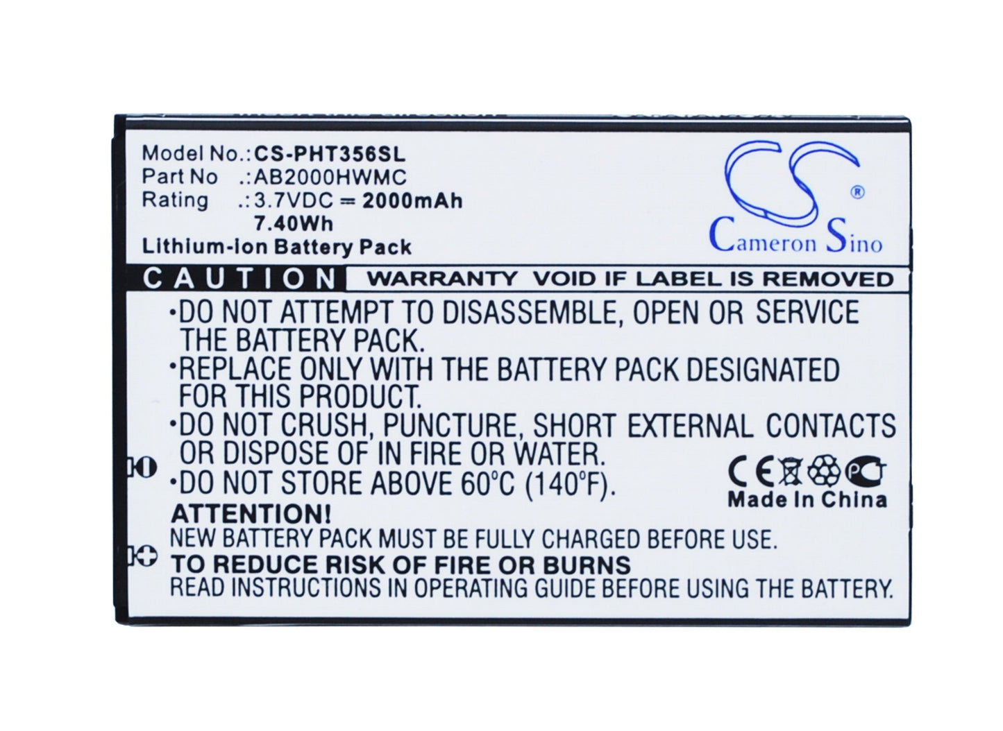Replacement Battery for Philips CTW3568 – Mobile, SmartPhone – 2000mAh / 7.40Wh / 3.7V