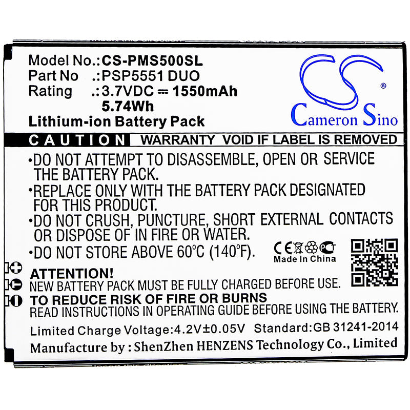 Replacement Battery for Prestigio Grace S5 – Mobile, SmartPhone – 1550mAh / 5.74Wh / 3.7V