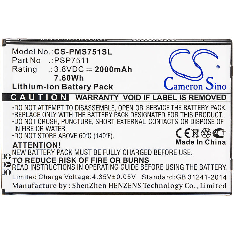 Replacement Battery for Prestigio PSP7511DUO – Mobile, SmartPhone – 2000mAh / 7.60Wh / 3.8V