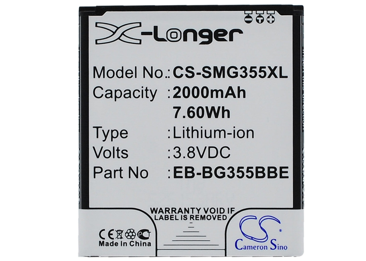 Replacement Battery for Samsung Galaxy Core 2 – Mobile, SmartPhone – 2000mAh / 7.60Wh / 3.8V