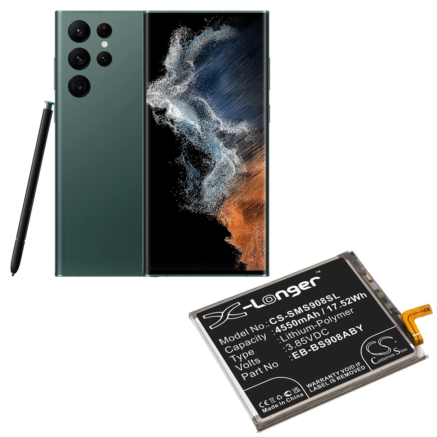 Replacement Battery for Samsung Galaxy S22 Ultra 5G – Mobile, SmartPhone – 4550mAh / 17.52Wh / 3.85V
