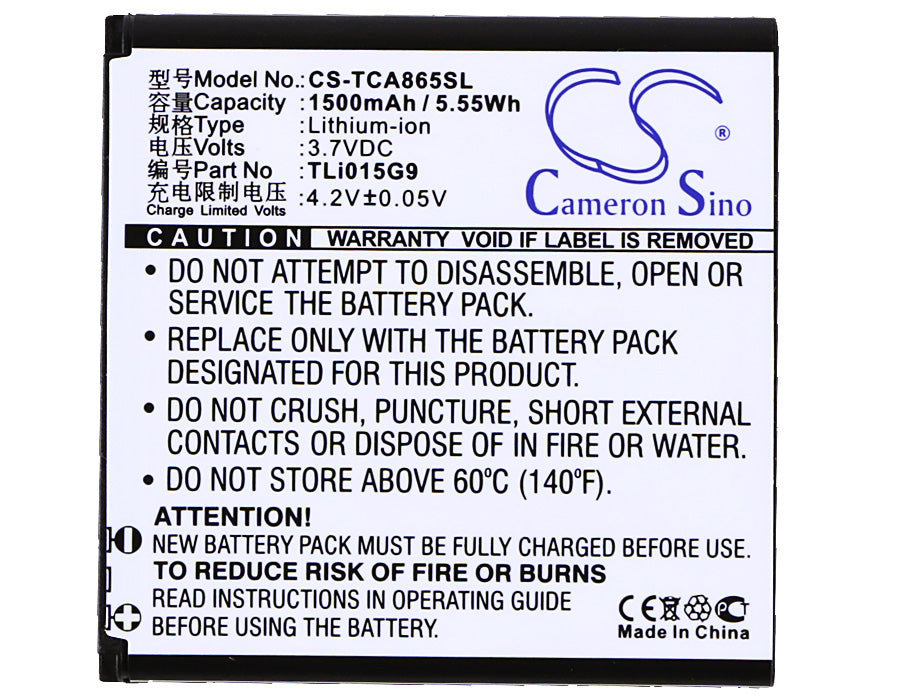 Replacement Battery for TCL A865 – Mobile, SmartPhone – 1500mAh / 5.55Wh / 3.7V
