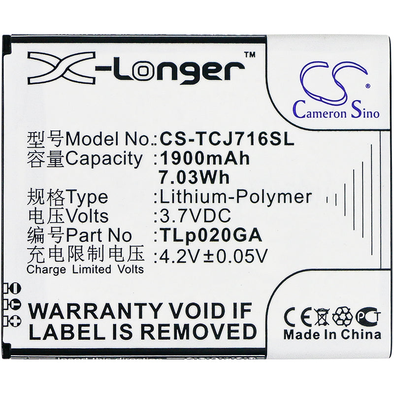 Replacement Battery for TCL J716D – Mobile, SmartPhone – 1900mAh / 7.03Wh / 3.7V