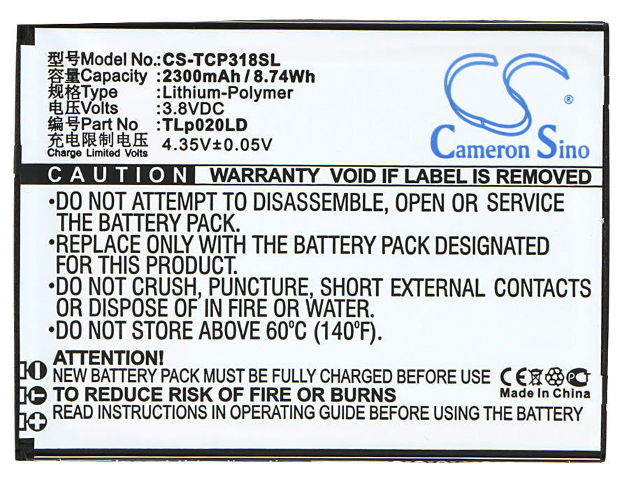 Replacement Battery for TCL P307L – Mobile, SmartPhone – 2300mAh / 8.74Wh / 3.8V