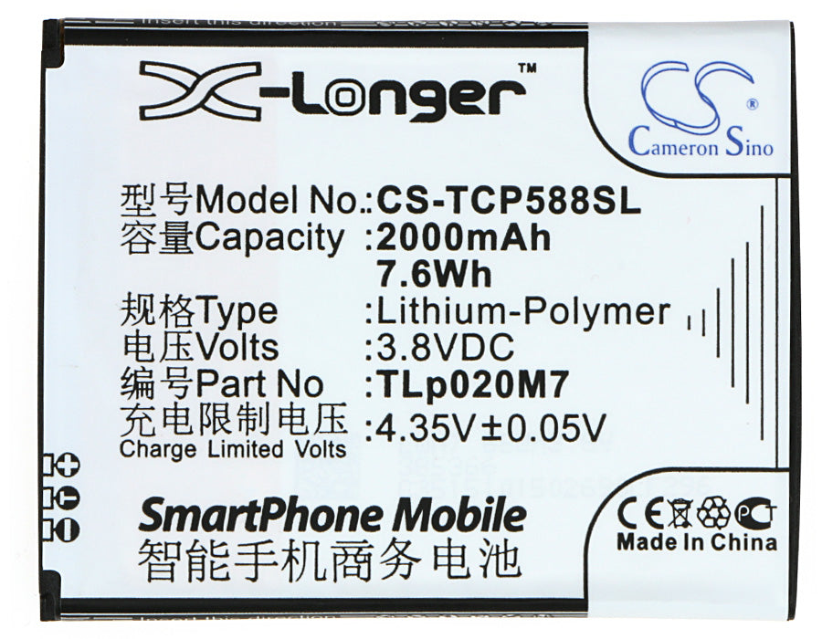 Replacement Battery for TCL P588L – Mobile, SmartPhone – 2000mAh / 7.60Wh / 3.8V