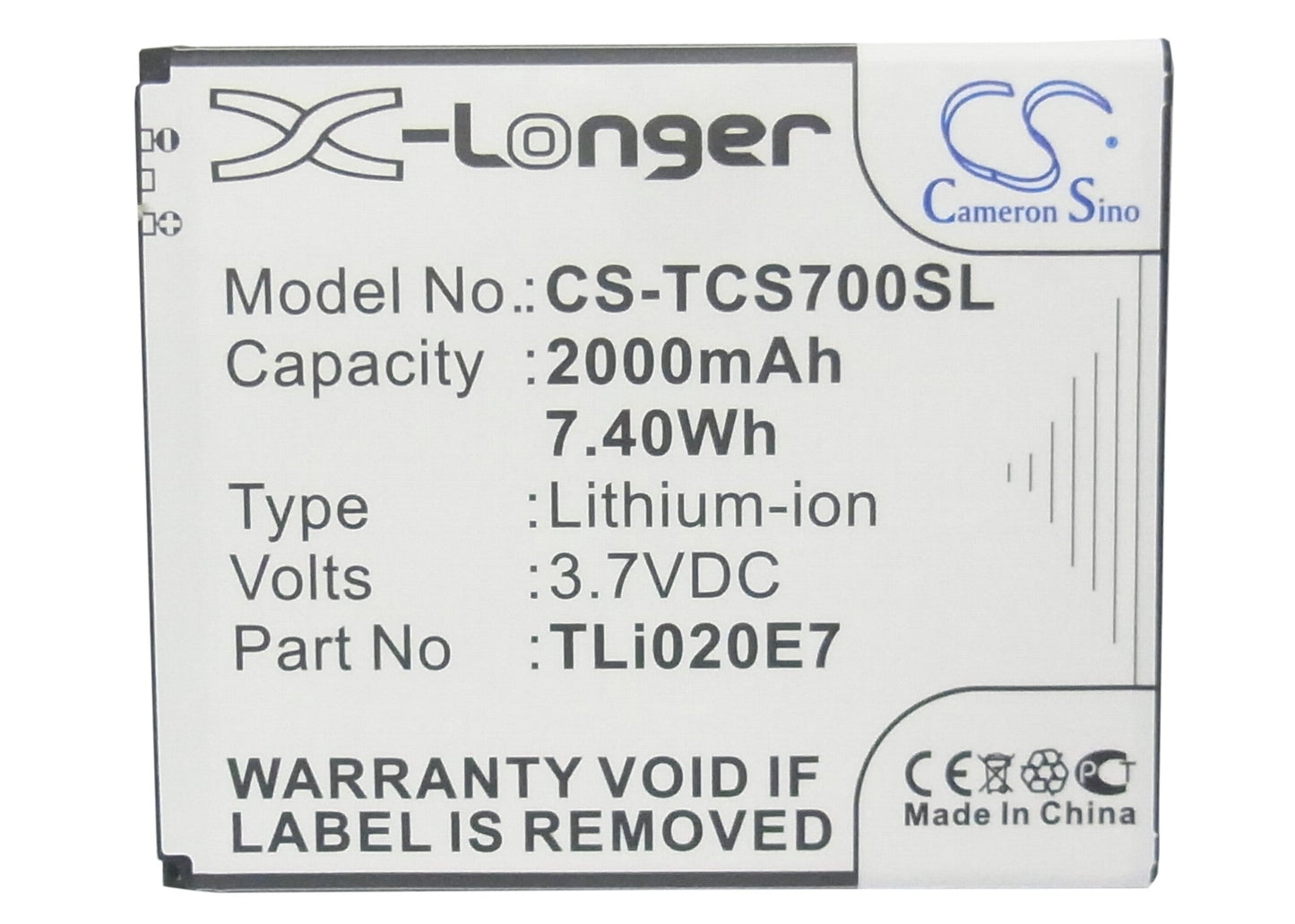 Replacement Battery for TCL J620 – Mobile, SmartPhone – 2000mAh / 7.40Wh / 3.7V