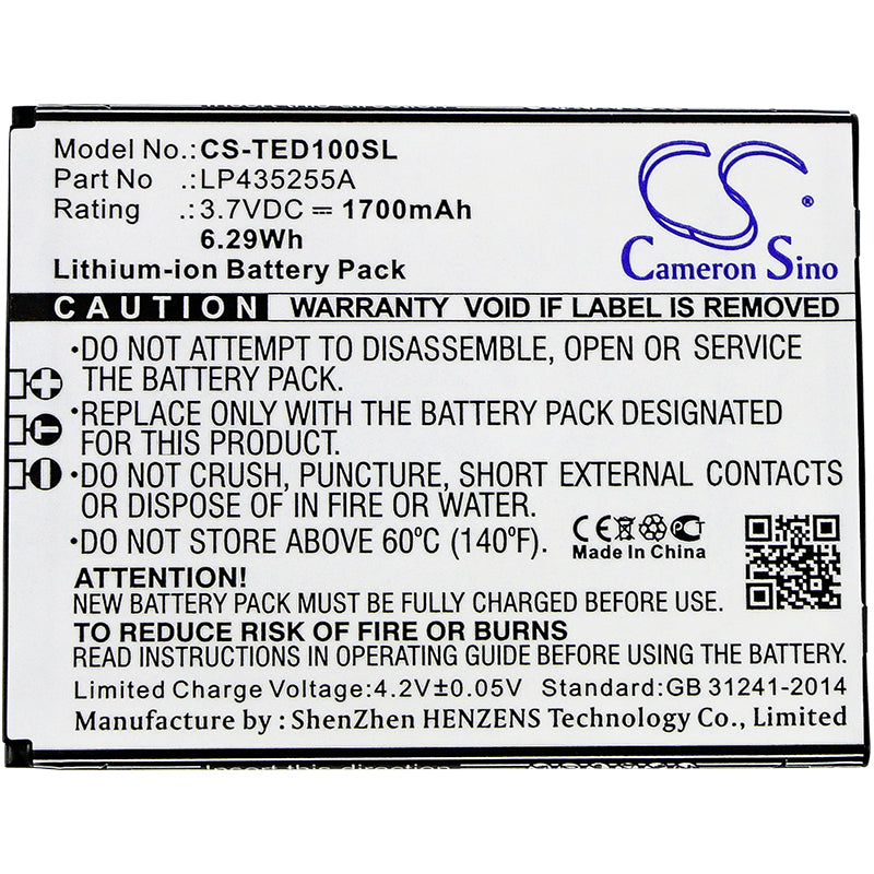 Replacement Battery for TELEFUNKEN Selfie TS1 – Mobile, SmartPhone – 1700mAh / 6.29Wh / 3.7V