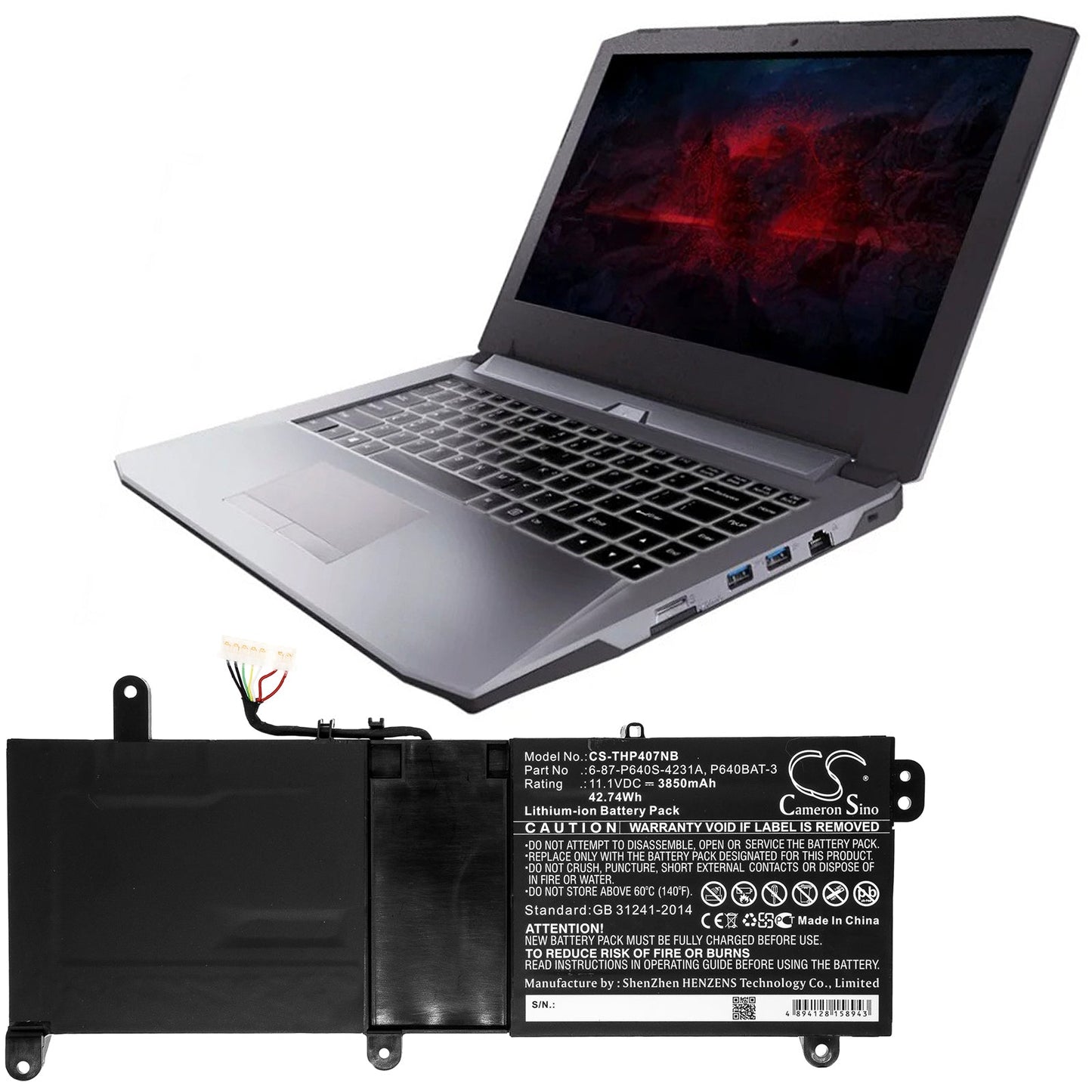 Replacement Battery for Clevo P640HJ – Notebook, Laptop – 3850mAh / 42.74Wh / 11.1V