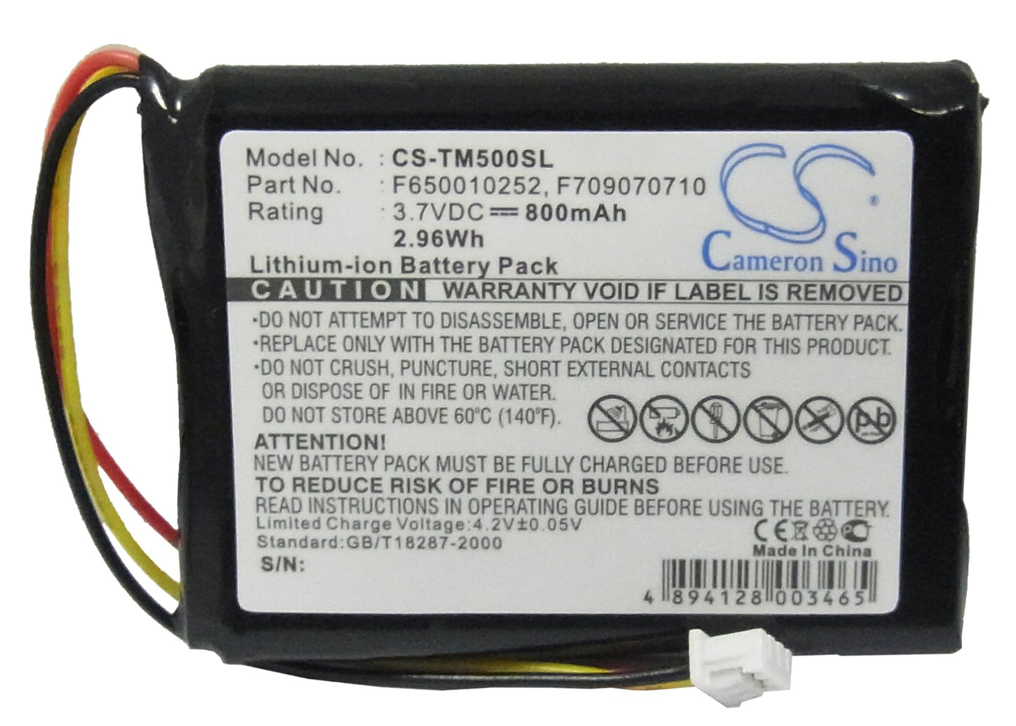 Replacement Battery for TomTom 4K00.100 – GPS, Navigator – 800mAh / 3.7V