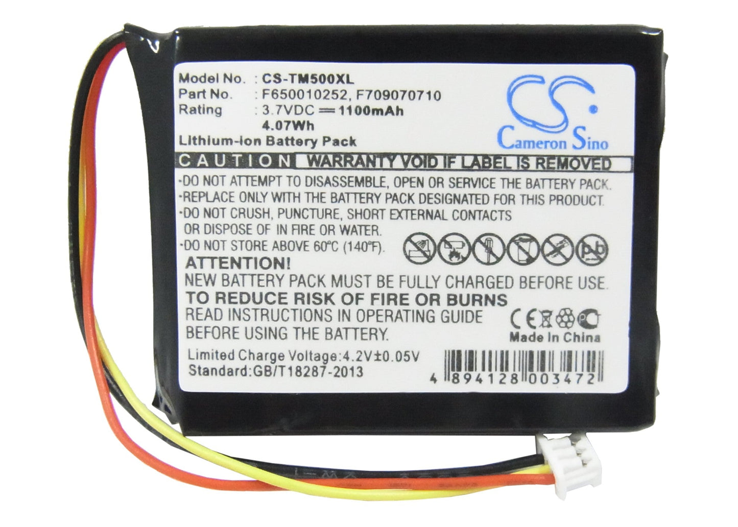 Replacement Battery for TomTom 4K00.100 – GPS, Navigator – 1100mAh / 4.07Wh / 3.7V