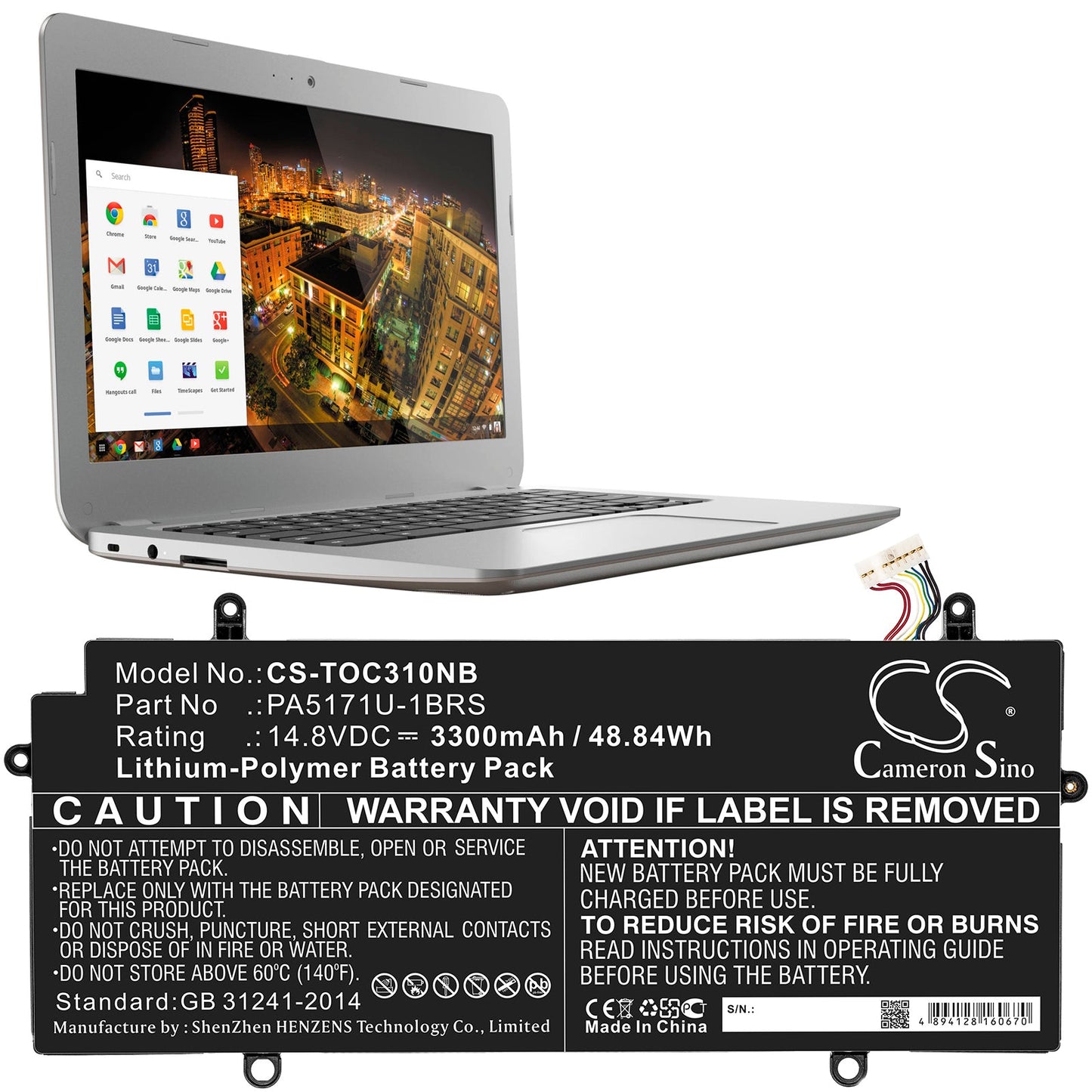 Replacement Battery for Toshiba CB30-102 – Notebook, Laptop – 3300mAh / 48.84Wh / 14.8V