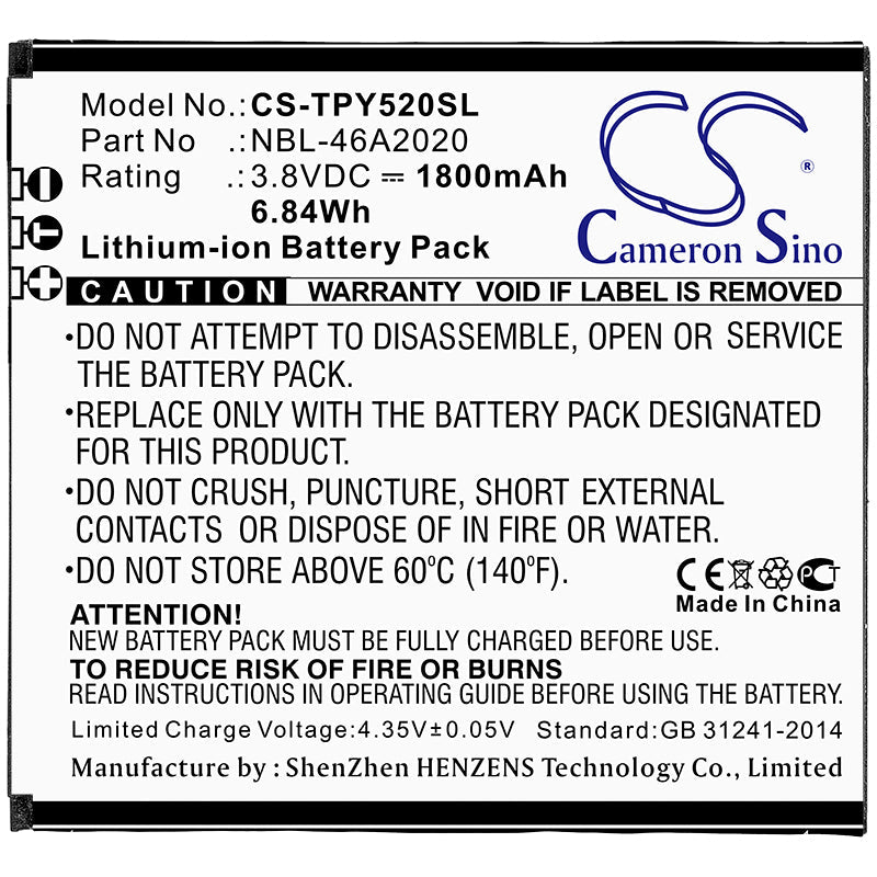 Replacement Battery for Neffos Y5L – Mobile, SmartPhone – 1800mAh / 6.84Wh / 3.8V