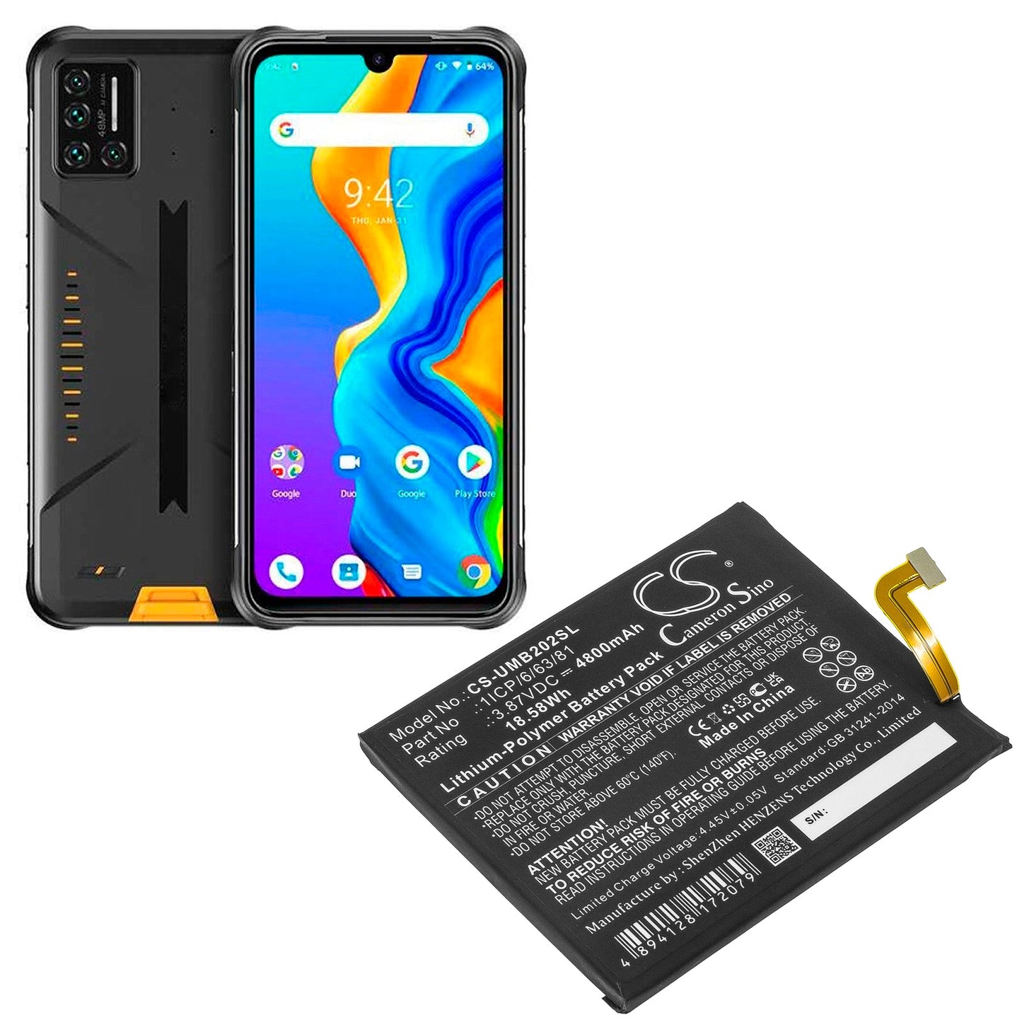 Replacement Battery for UMI 2021 – Mobile, SmartPhone – 4800mAh / 18.58Wh / 3.87V
