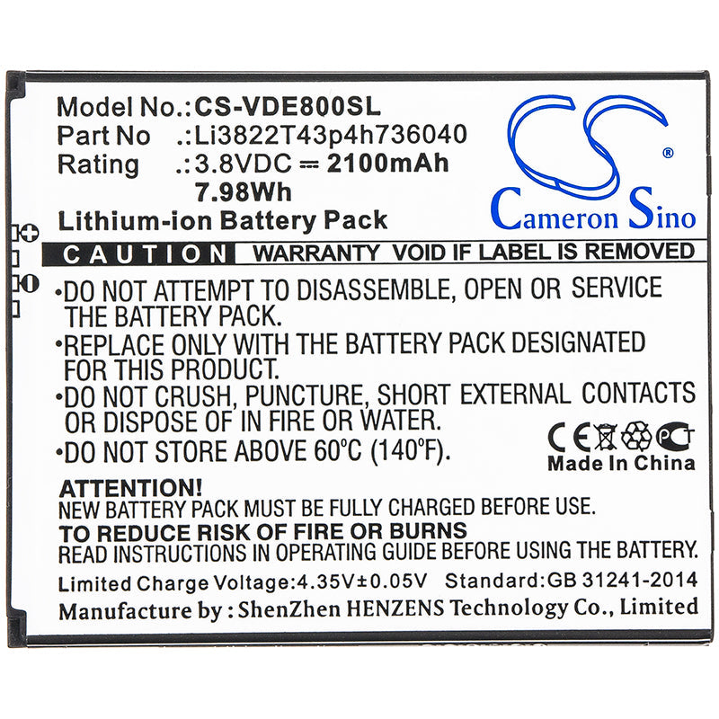 Replacement Battery for Vodafone Smart E8 – Mobile, SmartPhone – 2100mAh / 7.98Wh / 3.8V