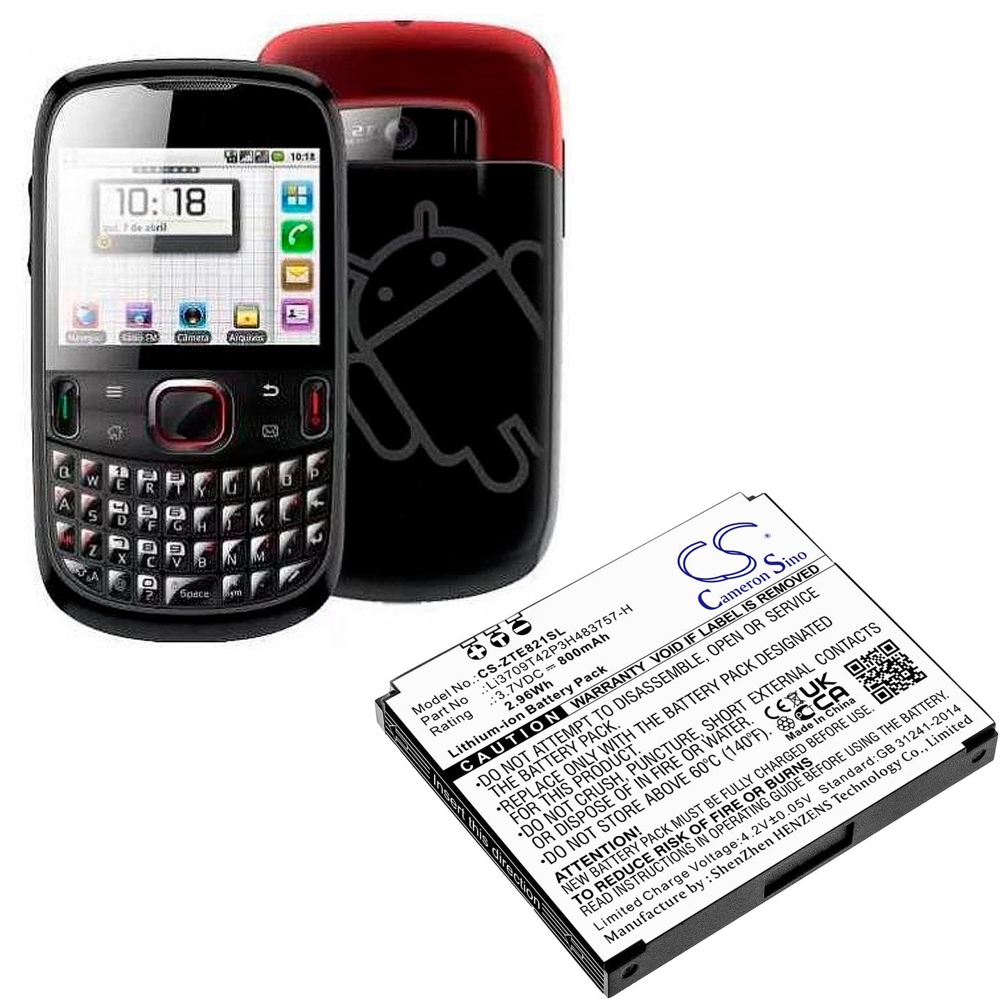 Replacement Battery for ZTE E821 – Mobile, SmartPhone – 800mAh / 2.96Wh / 3.7V