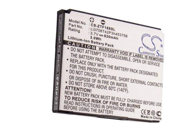 Replacement Battery for ZTE A833 – Mobile, SmartPhone – 830mAh / 3.07Wh / 3.7V