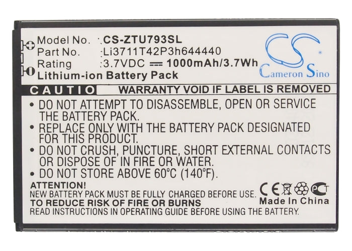 Replacement Battery for ZTE U793 – Mobile, SmartPhone – 1000mAh/3.7Wh / 3.7V