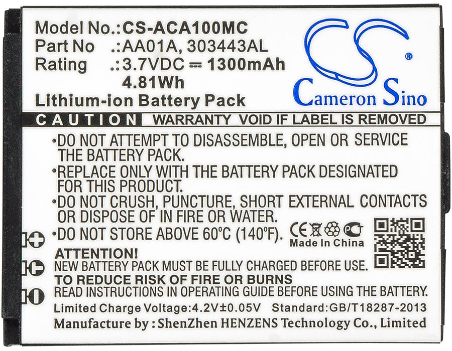 Replacement Battery for ACTIVEON  CX GOLD – Camera – 1300mAh / 4.81Wh / 3.7V